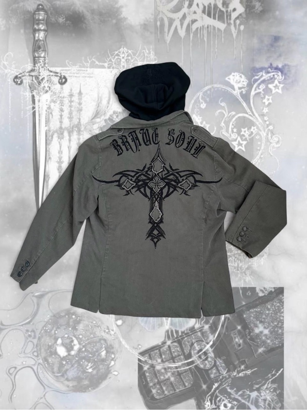 Embroidered 'Brave Soul' Military-Style Jacket in Gray